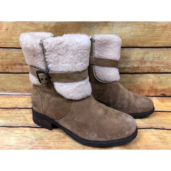 UGG Blayre 1006039 Tan Suede Shearling Cuff Buckle Boots Womens 7.5 (h8v) - Picture 3 of 10
